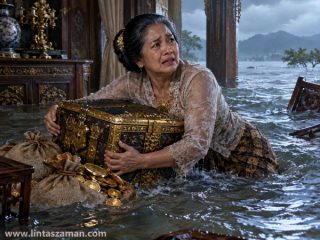Ia berlari ke dalam rumah. Ia mengambil peti berisi emas